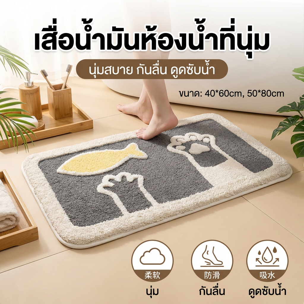 SSL พรมห้องน้ํา พรมเช็ดเท้า พรมมินิมอล ลายการ์ตูน กันลื่น นุ่มหนา ซับน้ำดี ซักเครื่องได้ 40*60cm/50*80cm