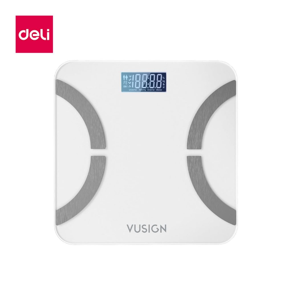 Deli เครื่องชั่งน้ำหนักดิจิตอล เชื่อมต่อแอปได้ หน้าจอLCD แสดงค่าดัชนี รองรับถึง180kg Weighing Scale