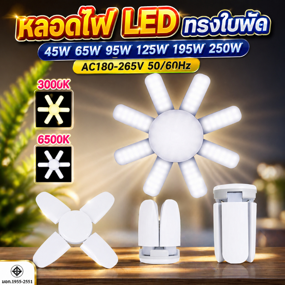 [✨พับเก็บได้!] หลอดไฟ LED ทรงใบพัด ปรับมุมโคมไฟได้ 3/4/5/6/8แฉก ประหยัดพลังงาน ติดตั้งง่าย