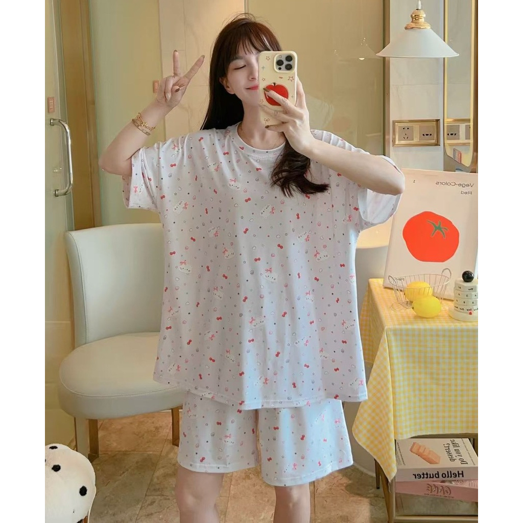 ชุดนอนเสื้อแขนสั้น กางเกงขาสั้น ผ้ายืดไซส์ใหญ่ OVERSIZE รอบอก 54 นิ้ว ผ้ายืดหยุ่นดี ใส่สบาย