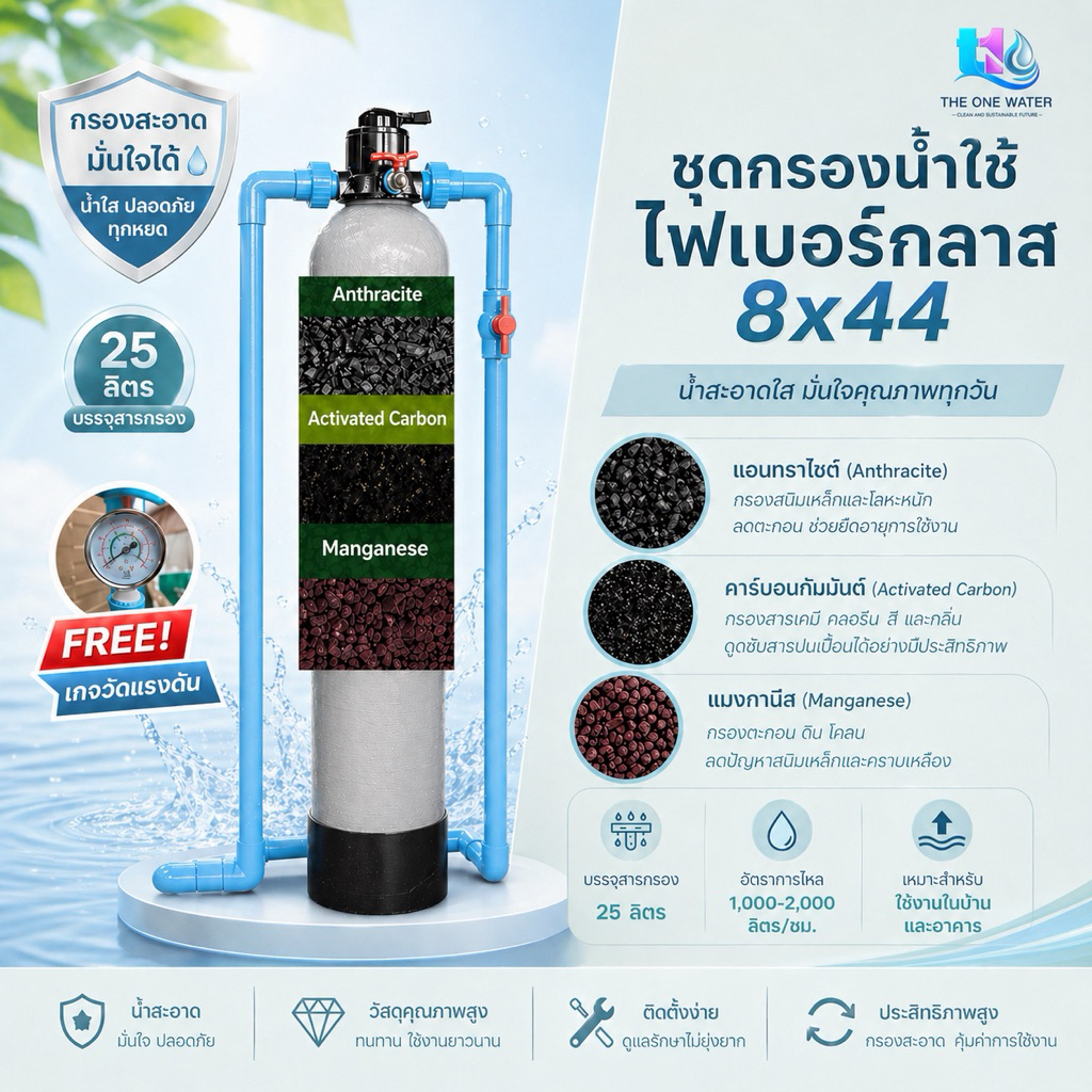 ชุดเครื่องกรองน้ำใช้ไฟเบอร์ พร้อมสารกรองอุปกรณ์ครบ ขนา8*44