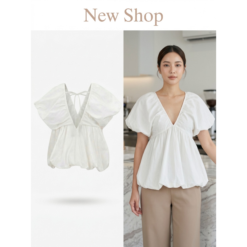 เสื้อแขนตุ๊กตา สีขาว คอวี มีเชือกผูกหลัง ปลายเสื้อทรงบอลลูน
