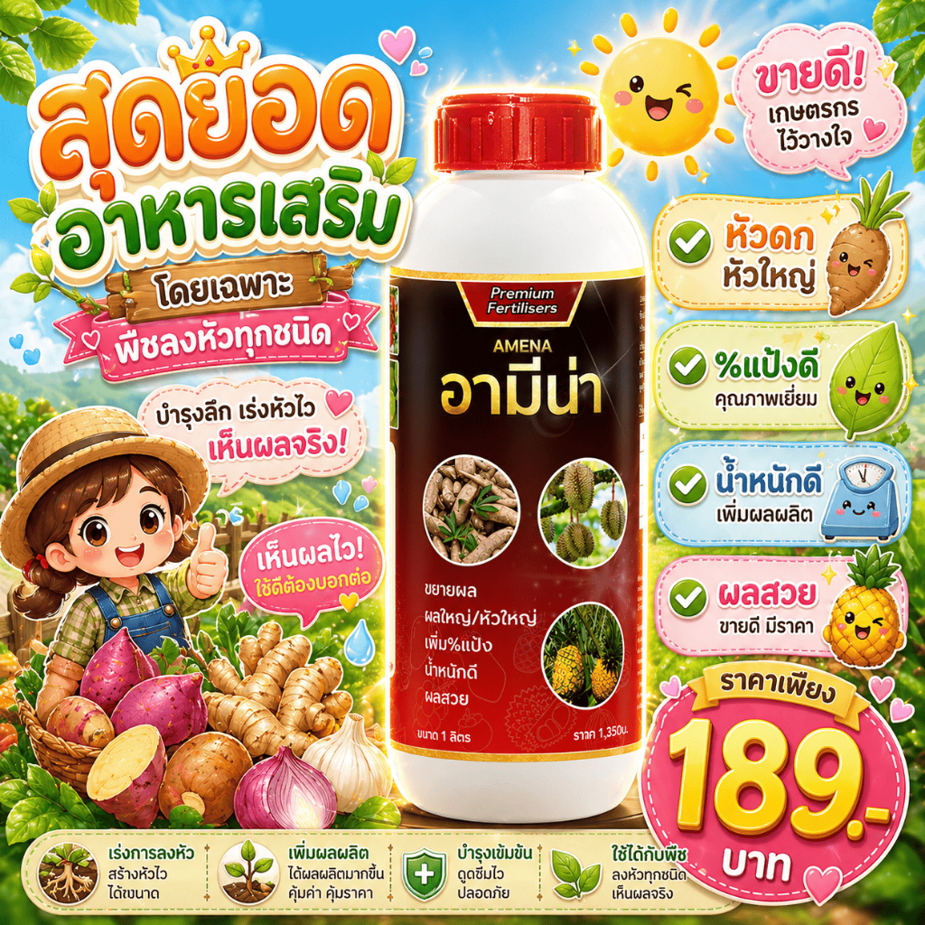 ปุ๋ยน้ำ สำหรับพืชลงหัว เช่น มันสำปะหลัง มันฝรั่ง หอม กระเทียม ช่วยเร่งการสร้างหัว อามีน่าแดง1ลิตร