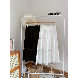 LindaaPlus-- กระโปรงยาวผ้าลินินแต่งลูกไม้ 🌸🫧 สาวอวบอ้วนใส่ได้ มีซับใน เอวสม๊อครอบ ตัดเย็บเป็นชั้นๆตัดกับลูกไม้บางๆ