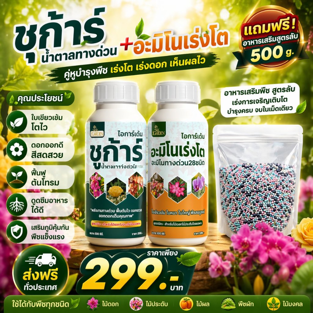 ชูก้าร์ น้ำตาลางด่วน + อะมิโนเร่งโต โตไว ใบสวย ต้นสมบูรณ์   500ซีซี (1ชุด2 ขวด) แถมปุ๋ยเม็ด