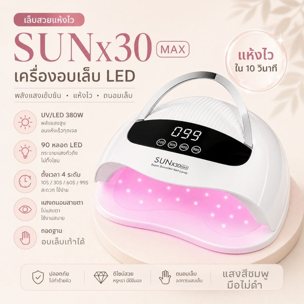 จัดส่งทันที ♡ รุ่นใหม่ ! เครื่องอบเล็บ Sun X26 - X30 ไฟชมพู 90ดวง 380 วัตต์ แห้งไว