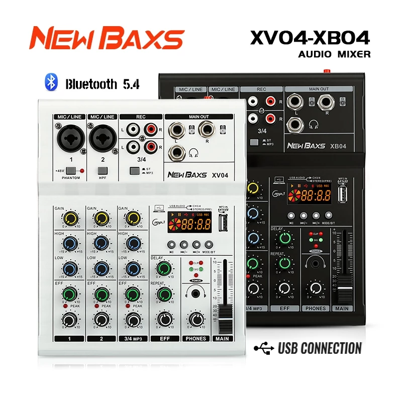 NEW BAXS XV04/XB04 เครื่องเสียง 4 ช่องมินิมิกเซอร์ 48V DC 5V USB MP3 บลูทูธ KTV งานแต่งงานคาราโอเกะ