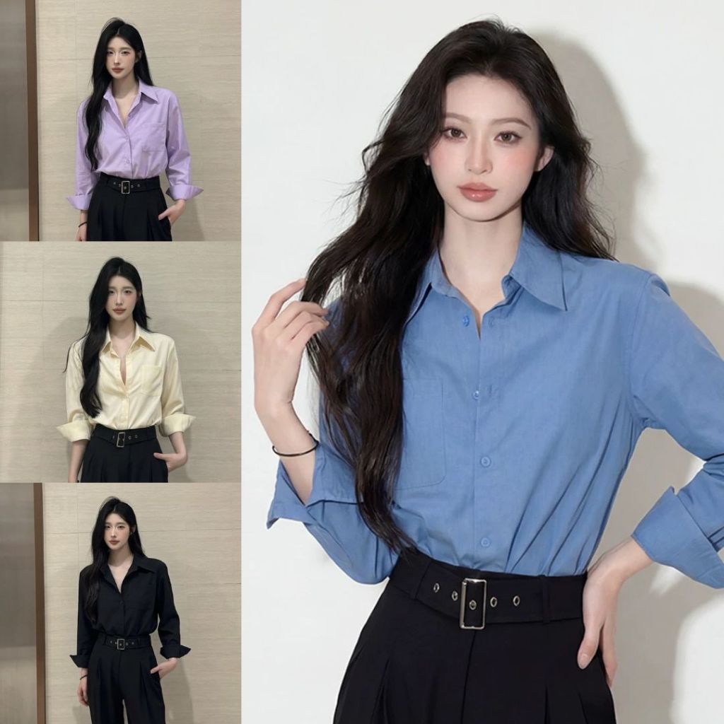 SP-32🍒เสื้อเชิ้ตสไตล์เกาหลี ผ้านิ่มทรงสวย เนื้อผ้านิ่ม ใส่สบาย เสื้อสีพื้นแขนยาว  ผ้าคอตตอน เสื้อเชิ้ตผู้หญิง🍒