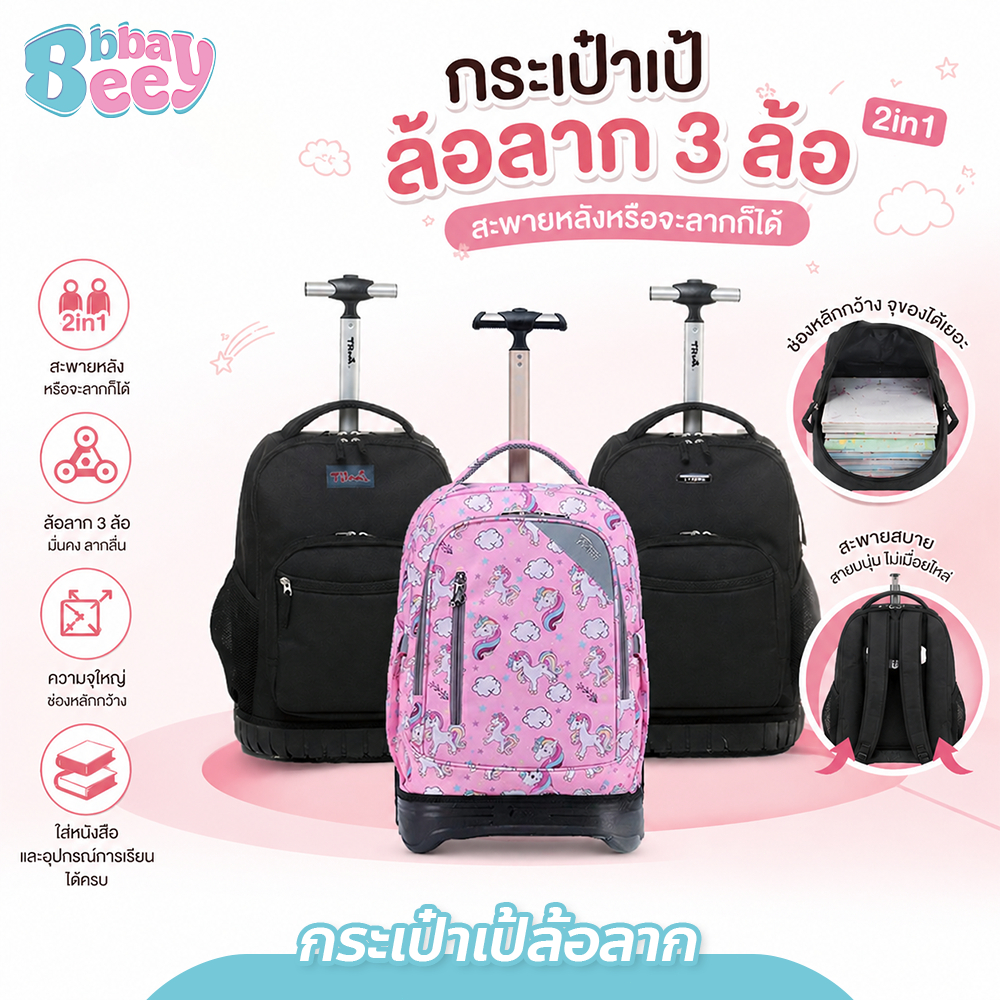 กระเป๋าเป้ล้อลาก 3 ล้อ ใส่โน้ตบุ๊กได้ ใส่ของได้เยอะ กระเป๋านักเรียน ขนาด 16นิ้ว / 18นิ้ว