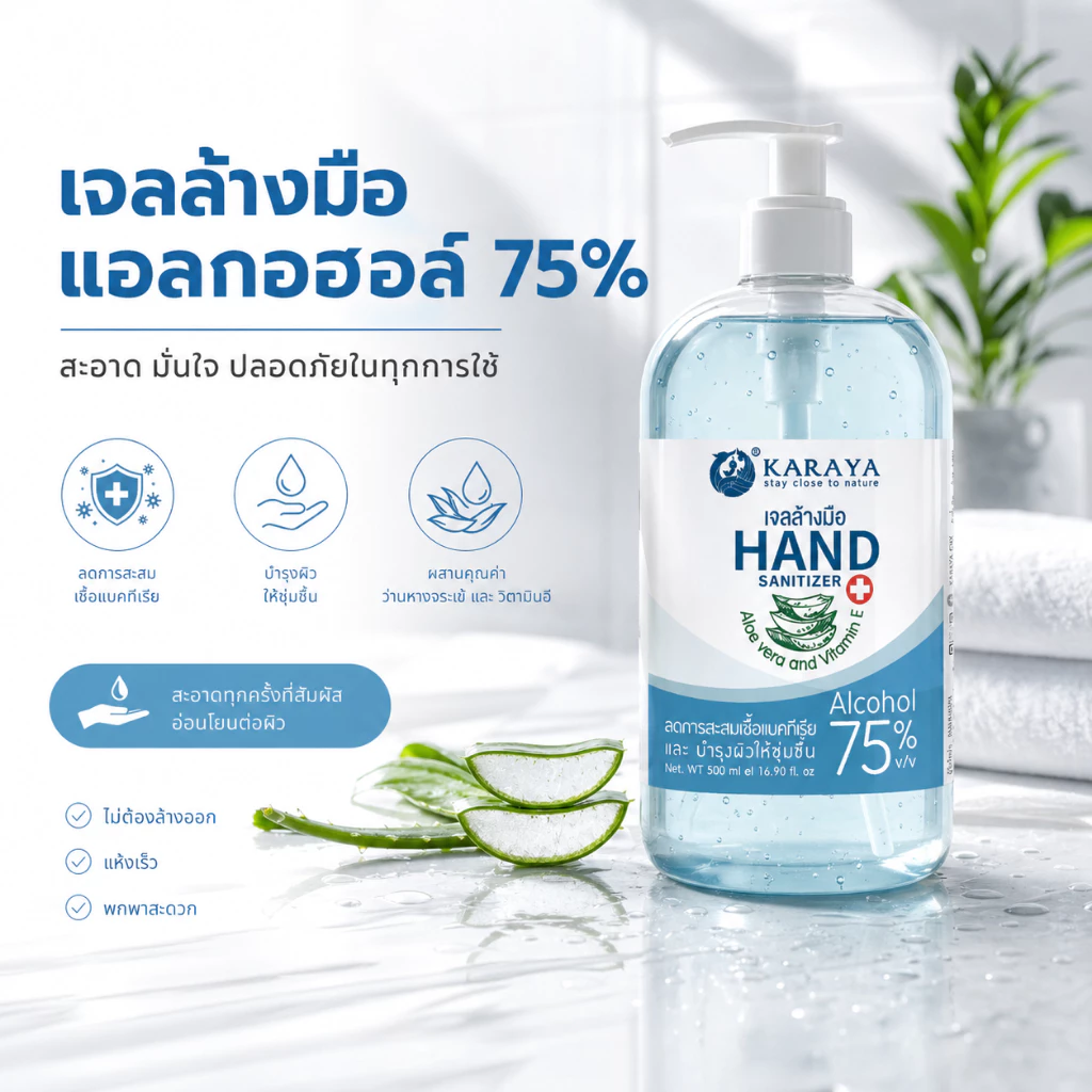 เจลแอลกอฮอล์ล้างมือ 75% 500ml ขวดปั๊ม | Alcohol Hand Sanitizer Gel | มีเลขที่จดแจ้ง | หมดอายุปี 2028 |