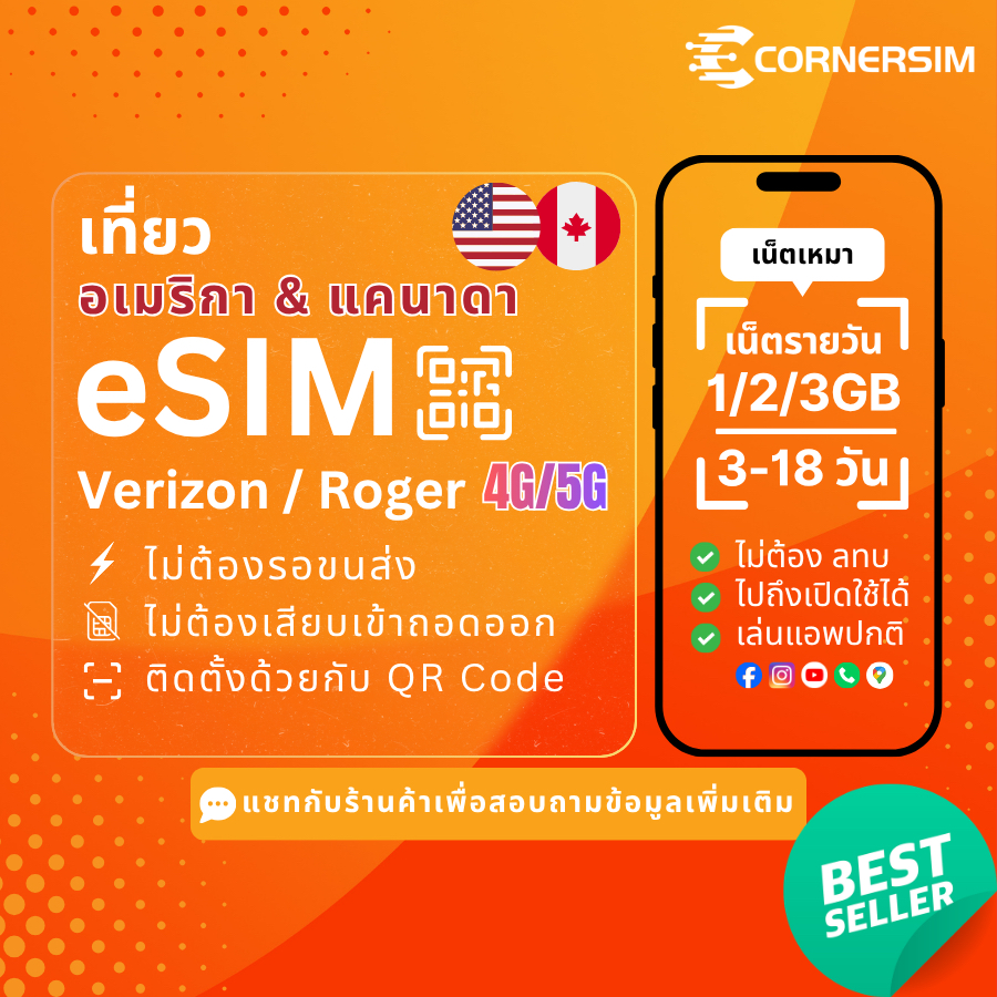 eSIM USA Canada อีซิมอเมริกา แคนาดา ค่าย Verizon Rogers สัญญาณ 4G/5G เน็ตวันละ 1/2/3GB นาน 3-18 วัน
