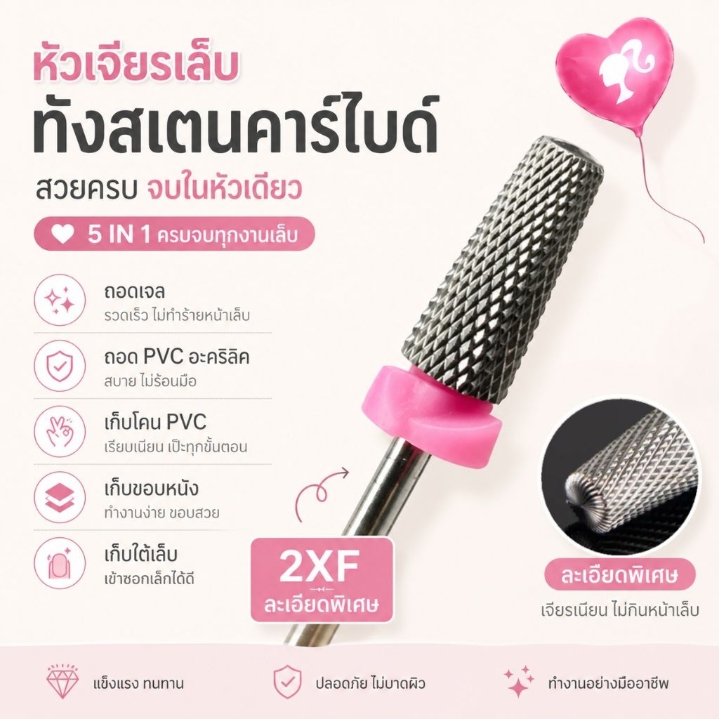 จัดส่งทันที ● หัวเจียรคาร์ไบด์ เครียหนัง เจียรขอบpvc ถอดสีเจล ถอดPVC  (ไม่ร้อนเล็บ)
