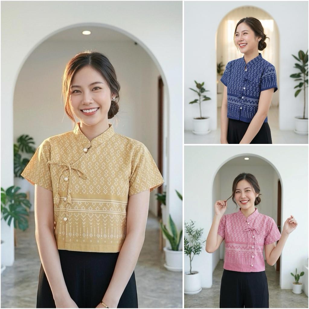 เสื้อลายขอผู้หญิง ผูกโบว์ดอกทิวลิป แต่งกระดุมมุก เสื้อผ้าฝ้าย