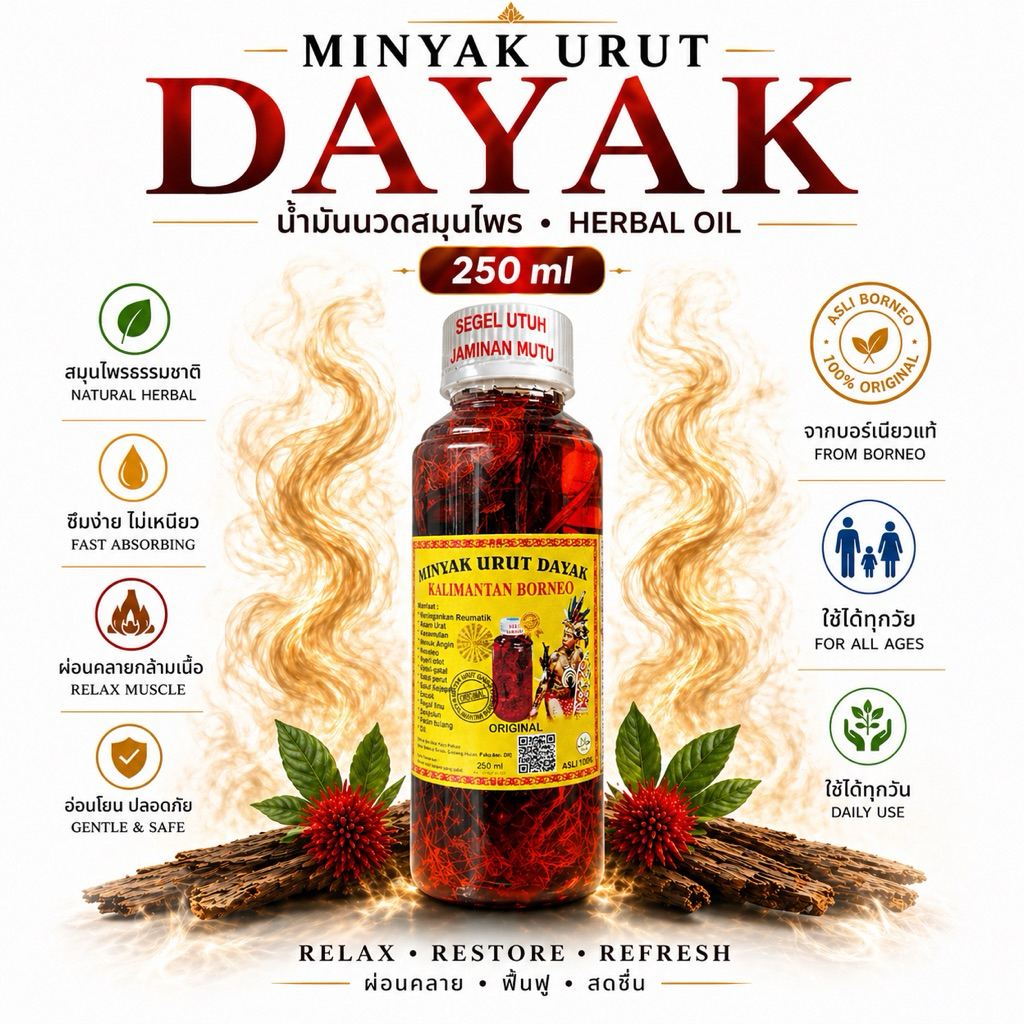 Minyak Urut Dayak Perisai Borneo 250 ml น้ำมันแดงสมุนไพรแท้ มีรากไม้ ซึมไว ไม่เหนียว ของแท้ 100% ใช้ได้ทุกวัน พร้อมส่ง