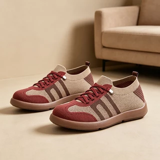Kicks รองเท้าลำลองผู้หญิงงานสปอร์ต งานสวยสไตล์ผ้าถักตาข่ายสีน้ำตาลดำ ระบายอากาศ ดีไซน์พื้นนุ่มกันลื่นหนา ส่งตรงจากไทย