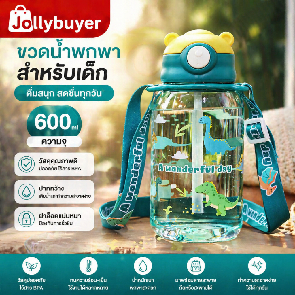 จอลลี่บายเออร์คิดส์ขวดน้ำ 600มล. พร้อมสายสะพาย+หลอดซิลิโคน ขวดน้ำพกพา ลายการ์ตูน