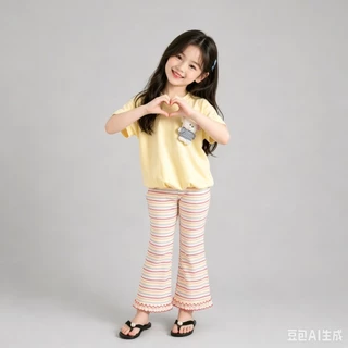 BB268 ชุดเด็กผู้หญิงสีหวาน เสื้อแขนสั้น + กางเกงลายพาสเทล สไตล์เกาหลี