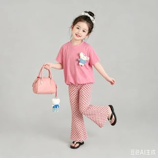 BB268 ชุดเด็กผู้หญิงสีหวาน เสื้อแขนสั้น + กางเกงลายพาสเทล สไตล์เกาหลี