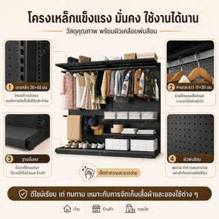 JJM ราวแขวนเสื้อ Pegboard ชั้นวางของเหล็กอเนกประสงค์ จัดวางได้ตามต้องการ ประหยัดพื้นที่ กันสนิม แข็งแรง