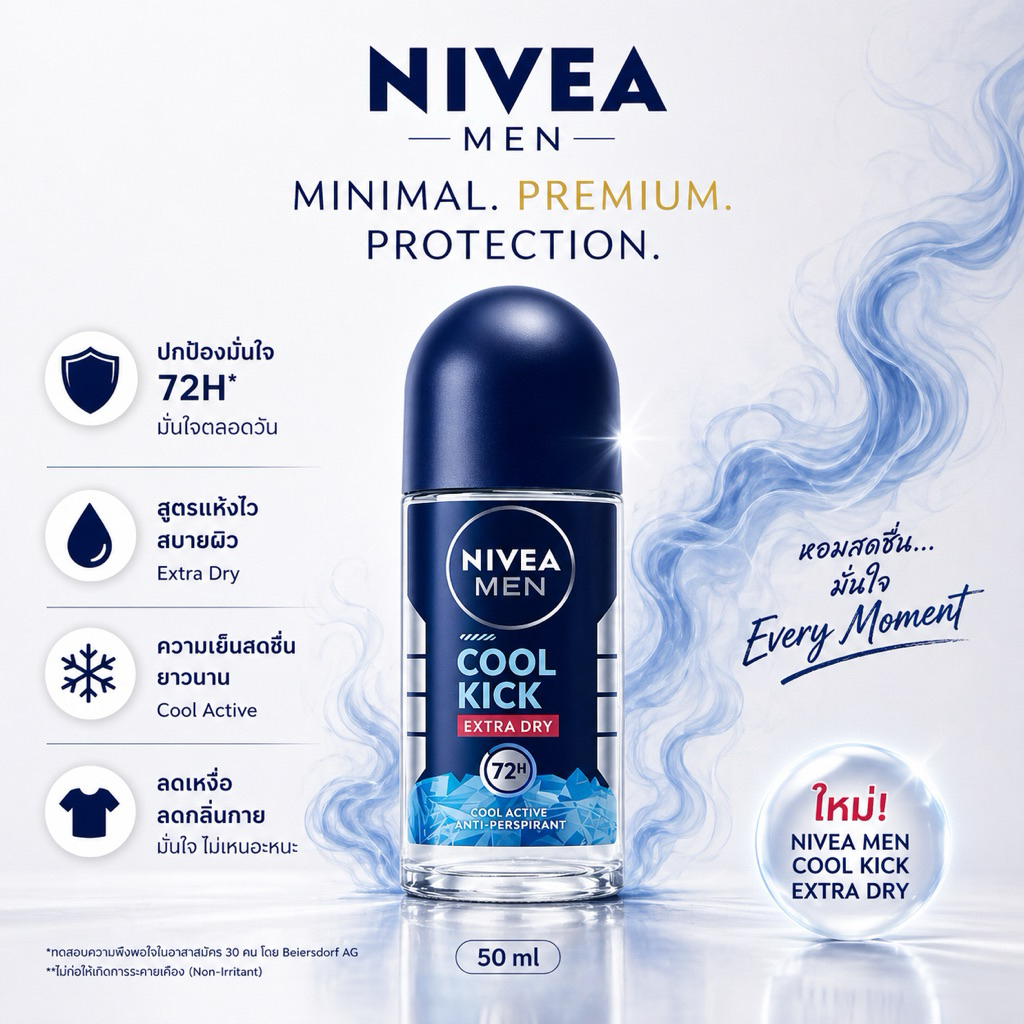 NIVEA Men Cool Kick Active Roll On 50 ml หอมสดชื่น เย็นทันทีที่ใช้ มั่นใจตลอดวัน ตัวเดียวจบ เหงื่อแรงแค่ไหนก็เอาอยู่