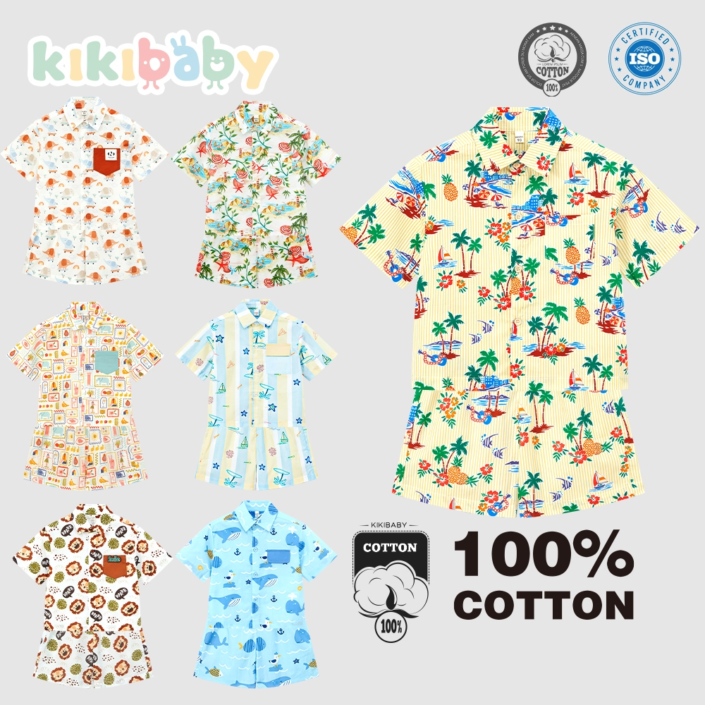 [90-130ลkikibaby summer set เซ็ตชุดสองชิ้น เสื้อฮาวาย ชุดเที่ยวทะเล เสื้อคอปกFT