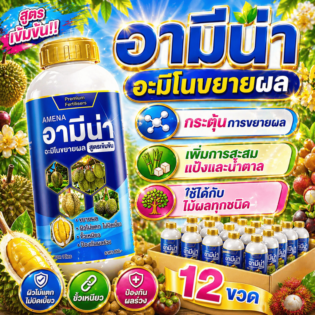 อามีน่า (ฟ้า) อะมิโนขยายผล สูตรเข้มข้น  อามีน่าอะมิโนขยายผล เจริญเติบโตของผลไม้ในช่วงพัฒนาขนาด 12ขวด