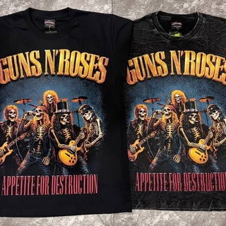 เสื้อยืดผ้าฟอก-ผ้าดำ GunnRoses1987(ป้ายRocktee เรืองแสง) ผ้าCotton100