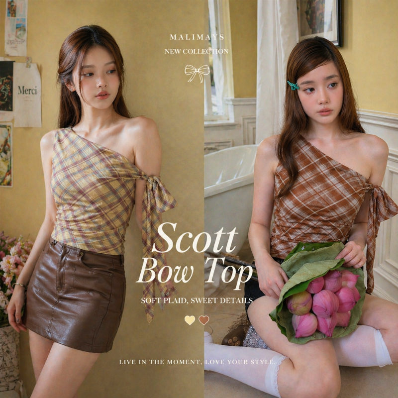 MALIMAYS - Scott Bow Top เสื้อลายสก็อตผูกโบว์ เสื้อปาดไหล่ ลายสกอต กำลังมาแรงเลยค่ะ ทรงสวย ใส่แล้วดูดีมากๆ แฟชั่นเกาหลี