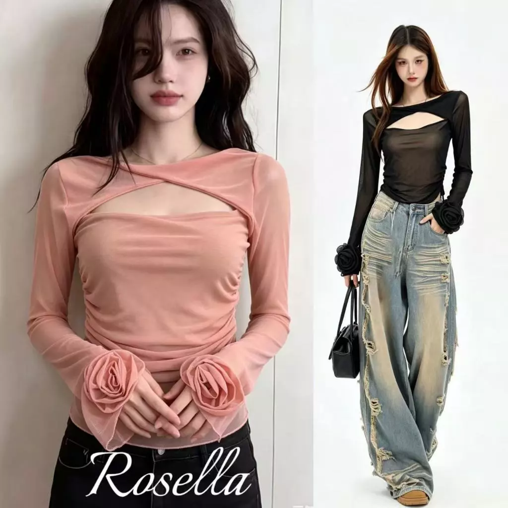 Rosella【สินค้าใหม่👗】เสื้อยืดผู้หญิงคอลเล็กชั่นใหม่ ฤดูใบไม้ผลิ/ฤดูร้อน ดีไซน์ผูกปมและฉลุลาย ทรงเข้ารูป แขนยาว