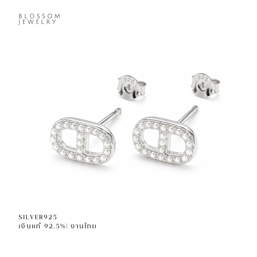Stud Pearl lite | ต่างหูเพิล ไลท์ | ขนาด 6*9 มิล | เงินแท้92.5% | ราคาต่อคู่  [01]
