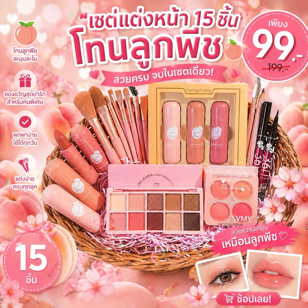 ส่งฟรี/แท้ โครตคุ้ม เซ็ตแต่งหน้าลูกพีชละมุน 15 ไอเทม ราคาหลักสิบ! ตาแก้มปาก ครบจบในเซ็ตเดียว 4U2