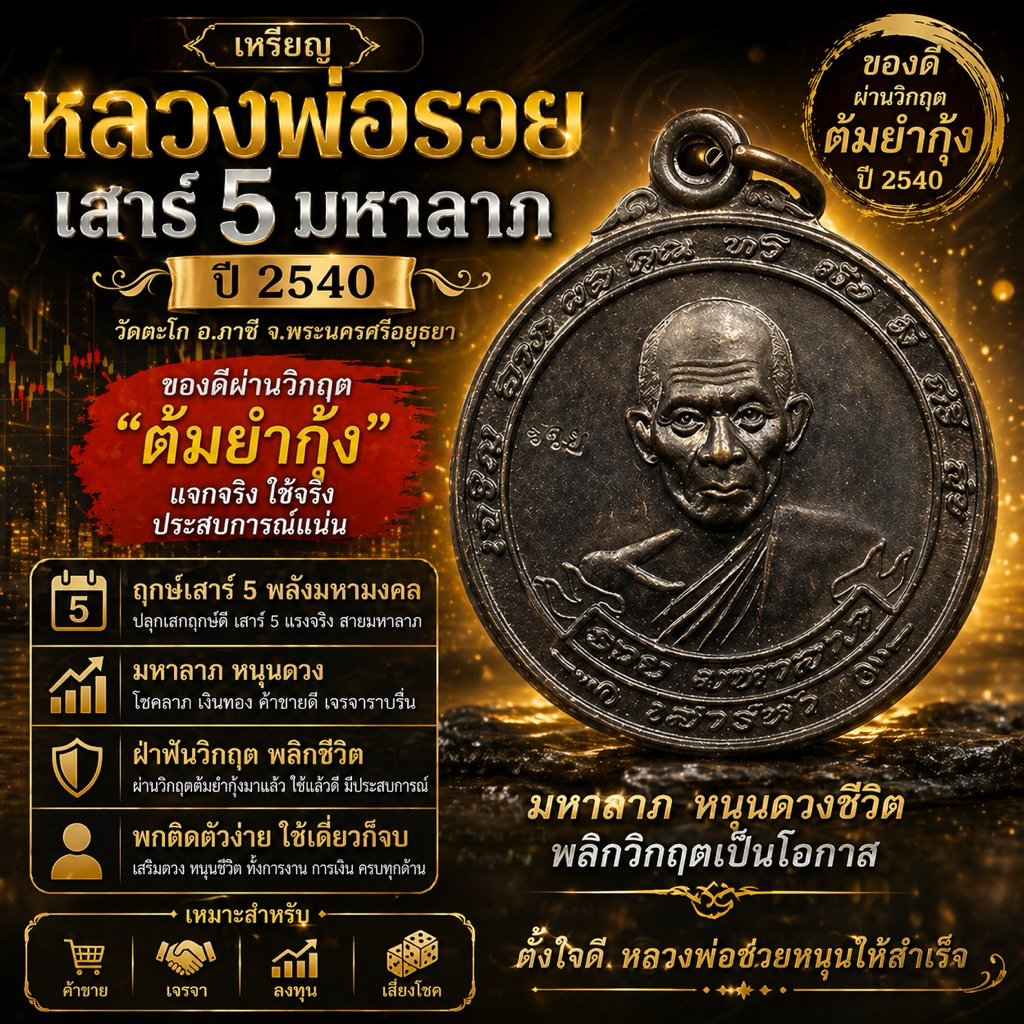 หลวงพ่อรวย ปาสาทิโก รุ่น มหาลาภ เสาร์5 ปี 2540 แท้ทันหลวงพ่อ