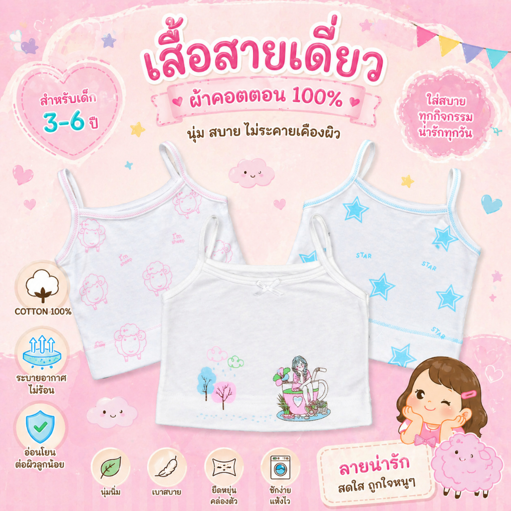 SL0029 เสื้อสายเดี่ยว เสื้อกล้ามเด็ก แบบครึ่งตัว 3-6ขวบ รอบอก 20-24 เสื้อซับใน เนื้อนุ่ม เสื้อทับ