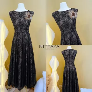 [NITTAYA] D2745 ชุดเดรสกระโปรงยาวคอกลมแขนกุดเข็มกลัดดอกไม้ลูกไม้ซีทรูผู้ดีใส่ดินเนอร์ งานแต่ง ออกเดท