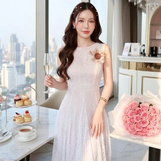 [NITTAYA] D2745 ชุดเดรสกระโปรงยาวคอกลมแขนกุดเข็มกลัดดอกไม้ลูกไม้ซีทรูผู้ดีใส่ดินเนอร์ งานแต่ง ออกเดท