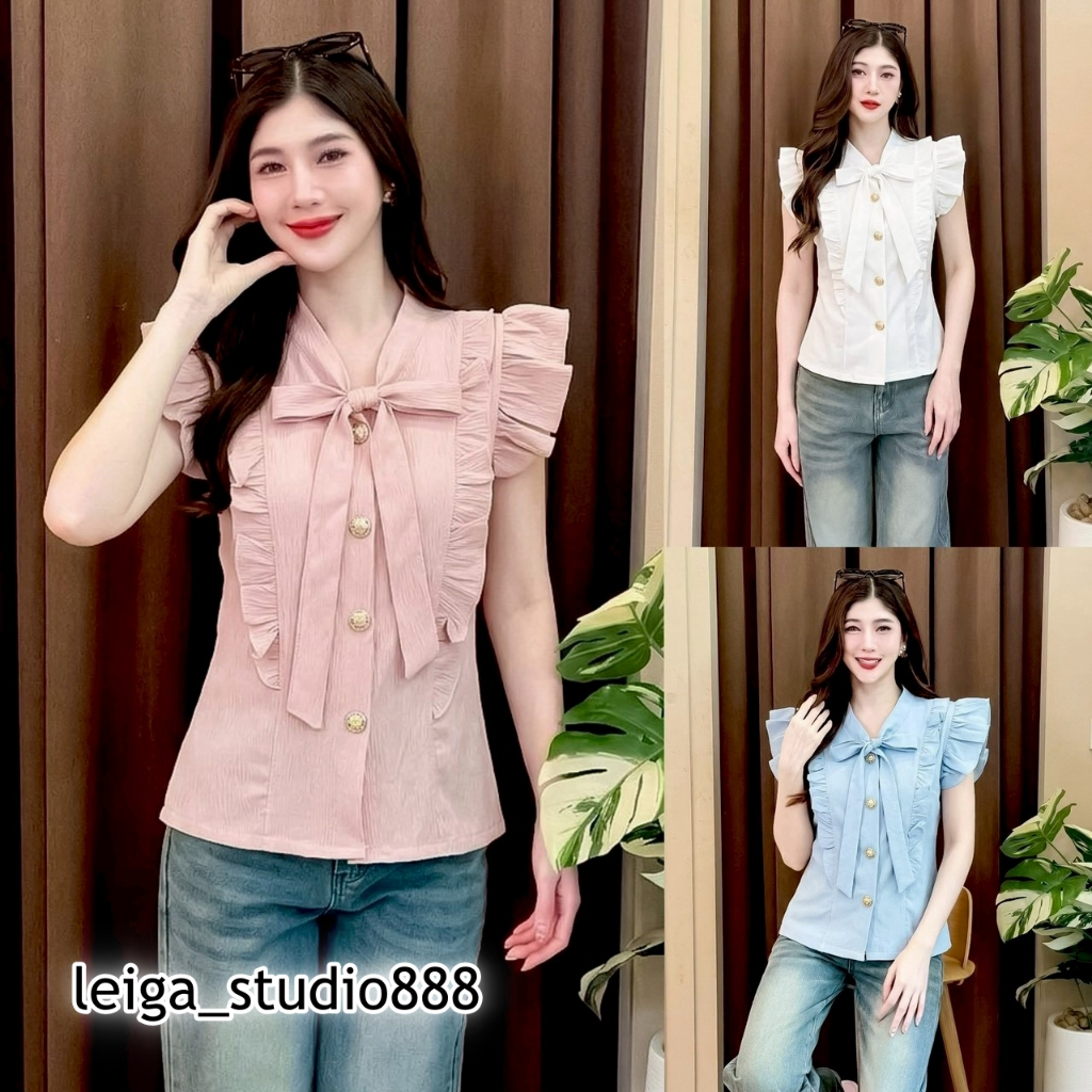 เสื้อแฟชั่น ผ้าครัช คอผูกโบว์ แขนแต่งระบาย ติดกระดุมหน้า ใส่เที่ยว ใส่ออกงาน ใส่แมท LG257