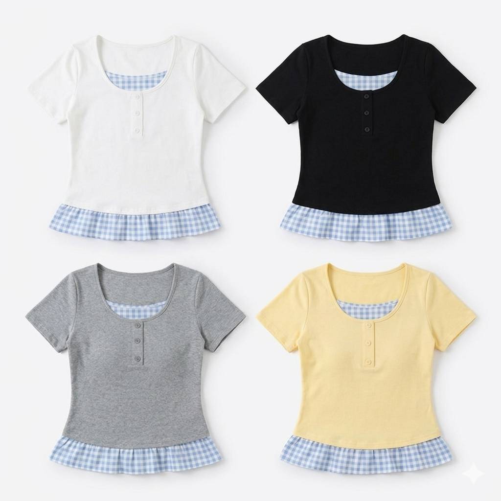 เสื้อยืดผู้หญิง สาวอวบใส่ได้ ดีไซน์หวานทรงเข้ารูป แขนสั้น แต่งผ้าซ้อนลายตารางช่วงคอและชายเสื้อ ให้ลุคดูน่ารักแบบมีมิติ
