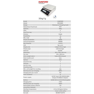 SUNFORD WSS30KS LED เครื่องชั่งดิจิตอลแสตนเลส กันน่ำ IP67 สำหรับงานอุตสาหกรรมอาหาร สายการผลิต อุตสาหกรรม ตาชั่ง กิโล