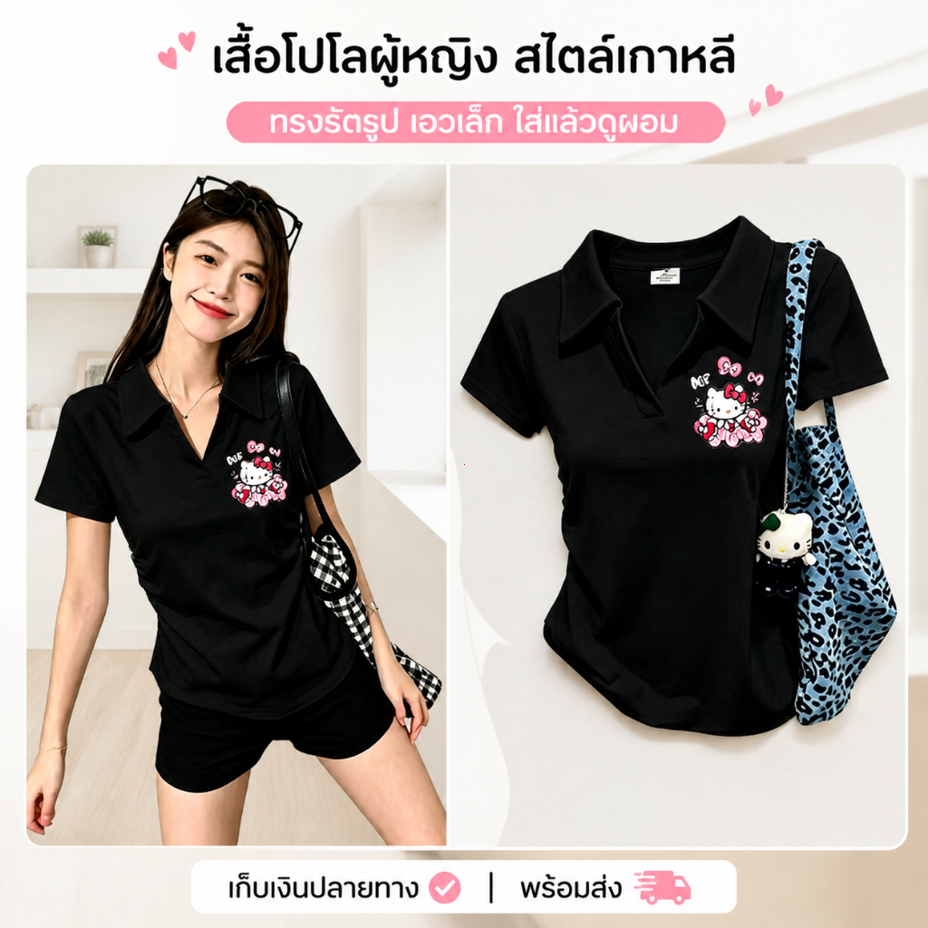 COD✅|เสื้อโปโลผู้หญิง|เสื้อรัดรูปผู้หญิง|ทรงรัดรูปเอวเล็ก|ลายการ์ตูนน่ารัก|สไตล์เกาหลี|ใส่ได้ทุกลุค|ไซส์ M-4XL