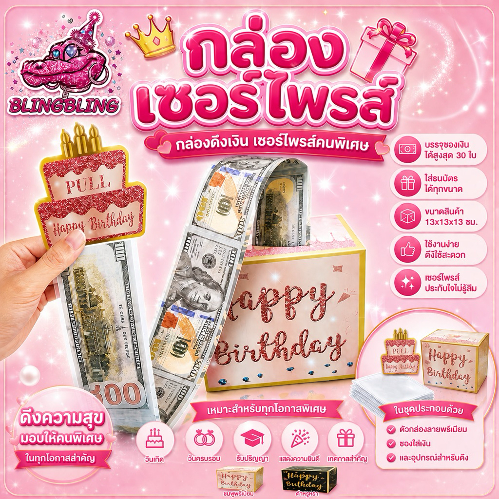[พร้อมส่งจากไทย🇹🇭 มีส่งด่วน]กล่องของขวัญดึงเงินวันเกิด ลายเค้ก กล่องแฮปปี้เบิร์ด ใส่เงินดึง30ใบ ใส่แบงค์ได้ทุกขนาด