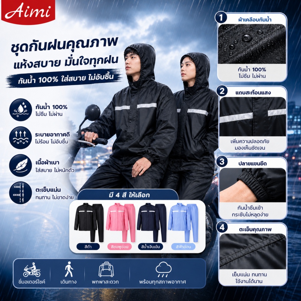 Aimi 🔥กันฝนกันน้ำ100% ชุดกันฝนหนา ระบายอากาศดี ไม่อับชื้น ใส่สบาย กันลม ทนทาน ใช้ได้นาน มี4สี M-4XL