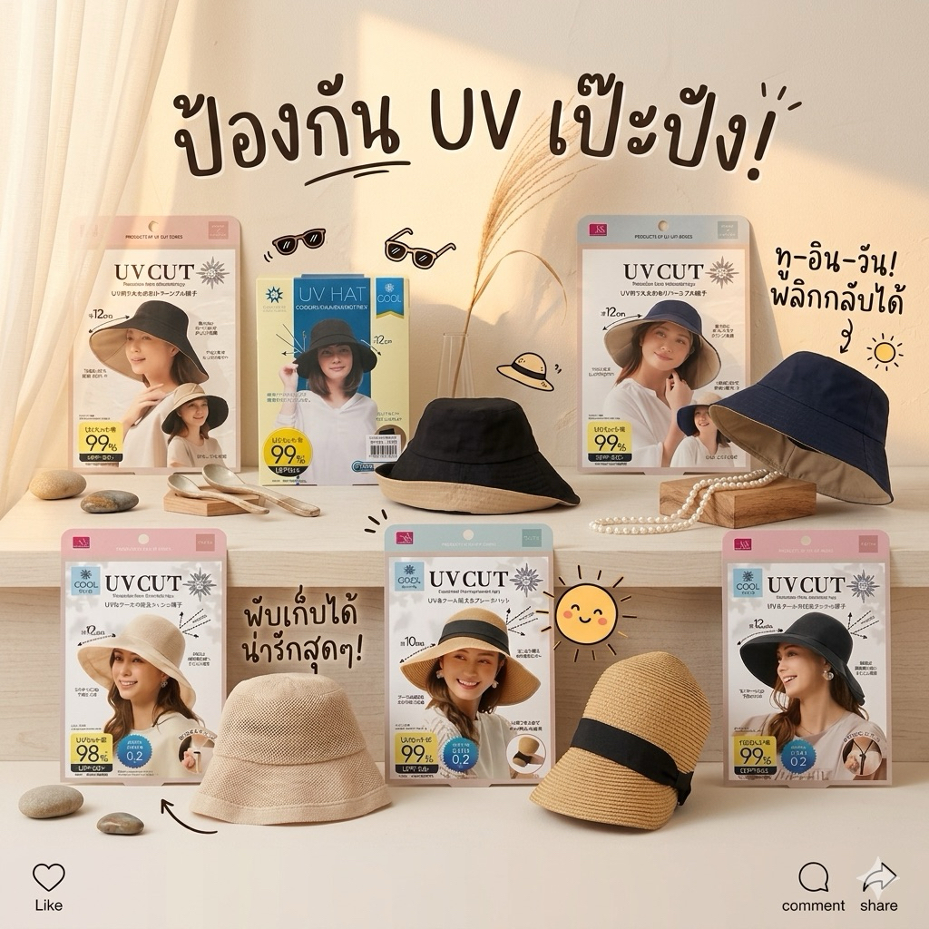 ‼️ของแท้จากญี่ปุ่น‼️หมวกกันแดด UV CUT UPF50+ วัสดุดี ระบายความร้อน ปีกกว้าง
