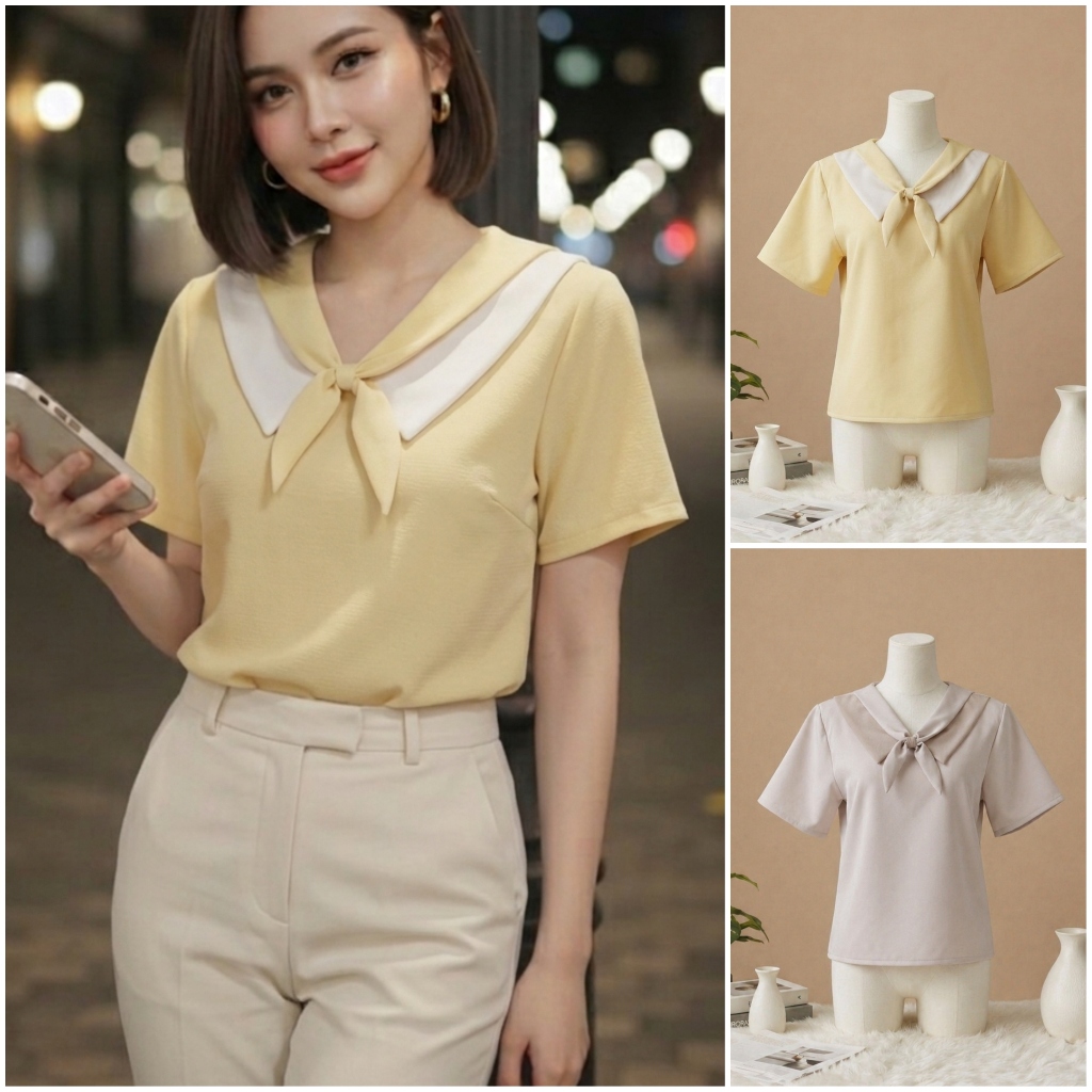 B19 เสื้อแขนสั้น คอปกทูโทน แต่งโบว์ ใส่ทำงานสวยๆ ชุดทำงาน สไตล์มินิมอล เกาหลี ร้าน Easter Egg