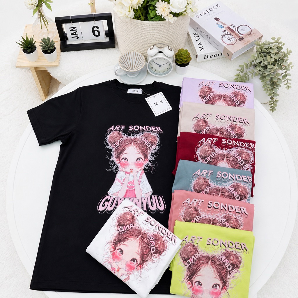 เสื้อยืดคอกลมแขนสั้น ลายผู้หญิงหัวฟูน่ารัก ป้าย ME