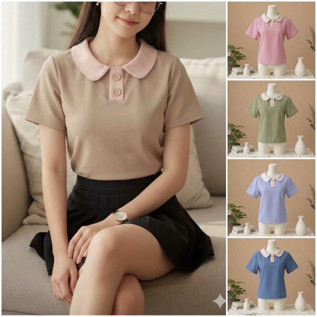 B18 เสื้อทํางานผู้หญิง แขนสั้น คอปกทูโทน  แต่งกระดุมไม้ สีธรรมชาติ โทนสีมินิมอล Easter Egg