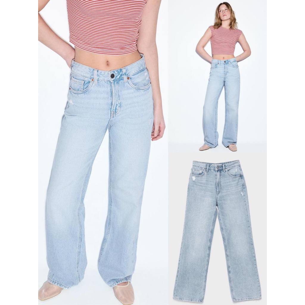 D92 straight wide-leg jeans  ยีนส์เอวสูง ทรงขากว้าง สียีนส์อ่อนฟอก เนื้อยีนส์นิ่ม ผ้าหนากำลังดี ใส่ส