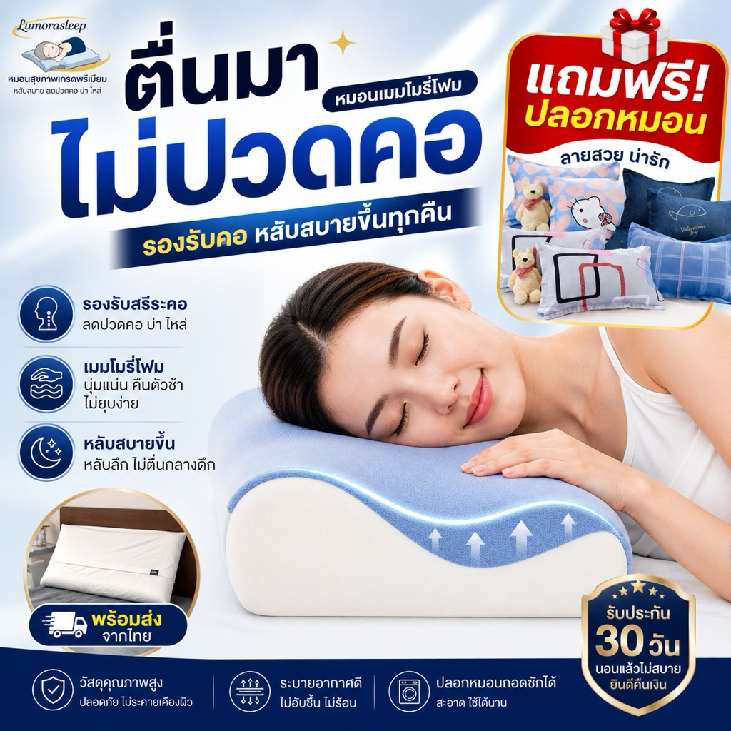 หมอนเมมโมรี่โฟมรุ่นPro หมอนรองคอ หมอนแก้ปวดคอ หลับสบาย ลดปวดคอ แถมปลอกหมอนฟรี
