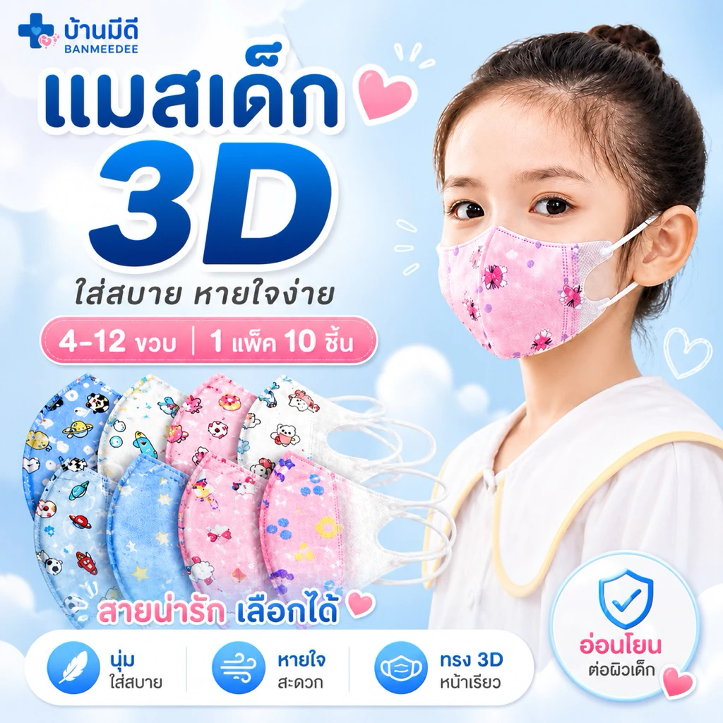 แมสเด็ก3Dสำหรับเด็ก 4-12ปี (10ชิ้น/1 ห่อ) พร้อมส่งจากไทยระบายอากาศอ่อนโยนต่อผิวลายคมชัดเลือกลายได้