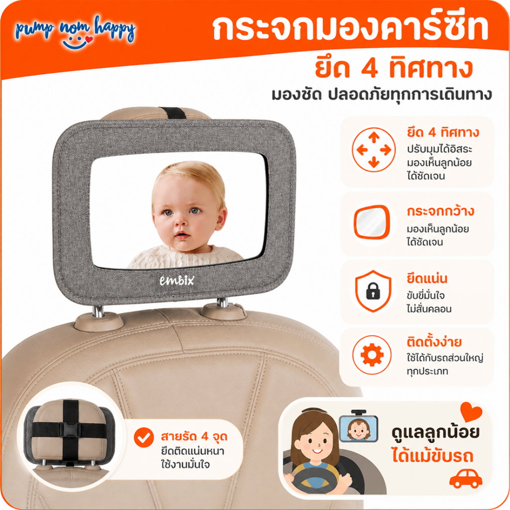 Embix / XLT กระจกมองคาร์ซีท ยึด 4 ทิศทาง Backseat Mirror Wide Screen ขนาดใหญ่พิเศษ ติดตั้งง่าย