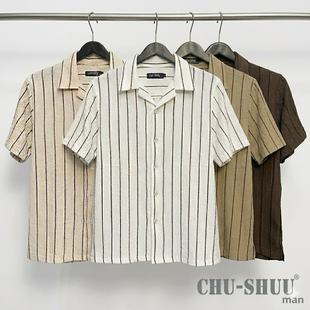 CHU-SHUUmanเสื้อฮาวายแขนสั้นผ้าถักริ้วเล็ก